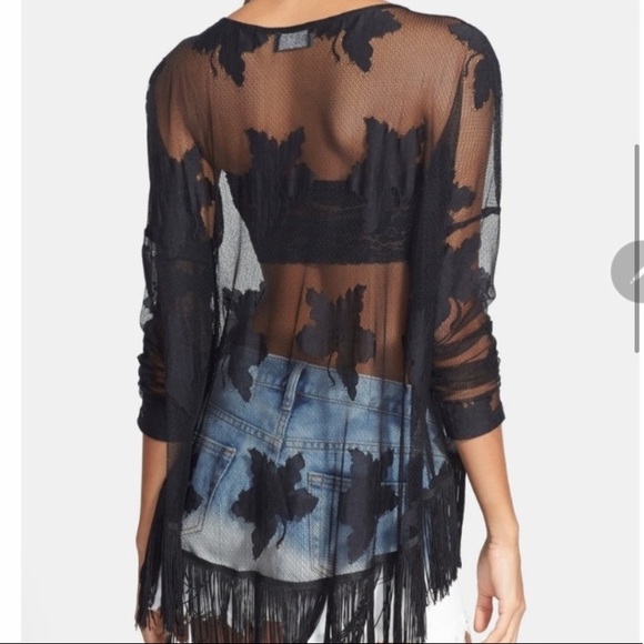 ASTR Black Sheer Leaf Print Fringe Top - Picture 2 of 12